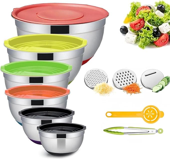 Thsinde Mixing Bowls with Airtight Lids, 6 Sizes Stainless Steel Bowls Set with Colorful Non-Slip Bottoms Great for Mixing & Serving(Size 7-1QT)