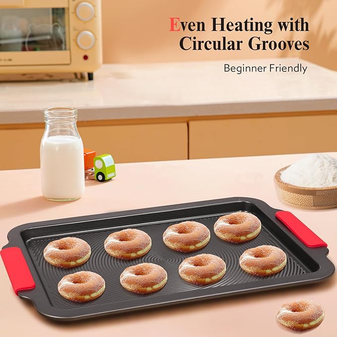 Biubumtu Baking Pans Set with Circle Grooves, 2-Piece 16x11in Nonstick Cookie Sheets for Baking & Roasting, Baking Sheet with Red Grips, PFAS/PTFE Free,Gray