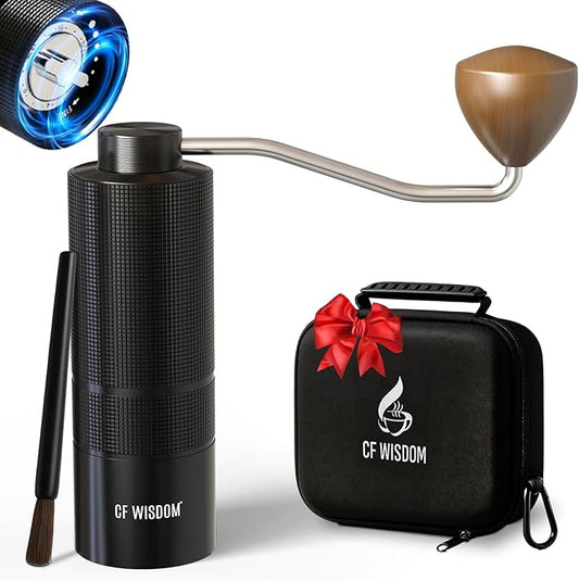 CF WISDOM Espresso Manual Burr Coffee Grinder – 420 Stainless Steel Conical Burrs, Dual Bearings, Precision Adjustable Hand Grinder, Portable Travel Coffee Bean Grinder