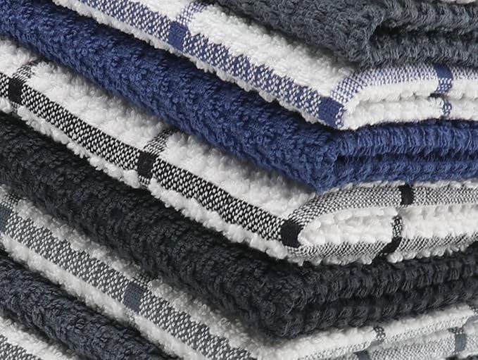 Cotton Grid Dish Cloths, Terry Cleaning Rags, 12 x 12 Inches, Light and Soft, Quick Drying Dish Rags, 8pc/Set (Black Multi)