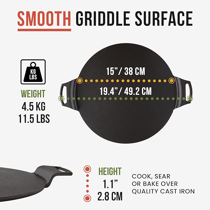 Chef Pomodoro Cast Iron Pizza Pan, Pre-Seasoned Dosa Pan with Handles, Flat Pan for Oven, Round Griddle for Dosa Tawa Roti, Comal for Tortillas, Baking Stove, Oven, Grill BBQ and Campfire (15-inch)