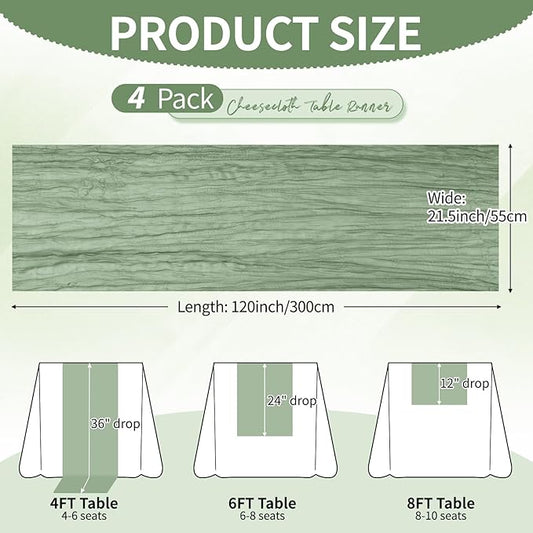 4 Pack Sage Green Cheesecloth Table Runner 10Ft, Gauze Table Runners 21.5 x 120 inch,Semi Sheer Cheese Cloth Fabric Runner Bulk for Wedding,Party,Baby Shower,Bridal Shower