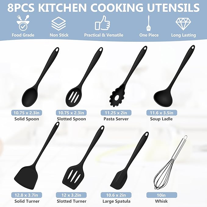TeamFar 8 PCS Silicone Cooking Utensils - 446°F Heat Resistant Kitchen Silicon Utensils Set, Turner, Spatula, Spoon, Whisk, Kitchen Cooking Gadgets Tools for Nonstick Cookware, Dishwasher Safe-Black