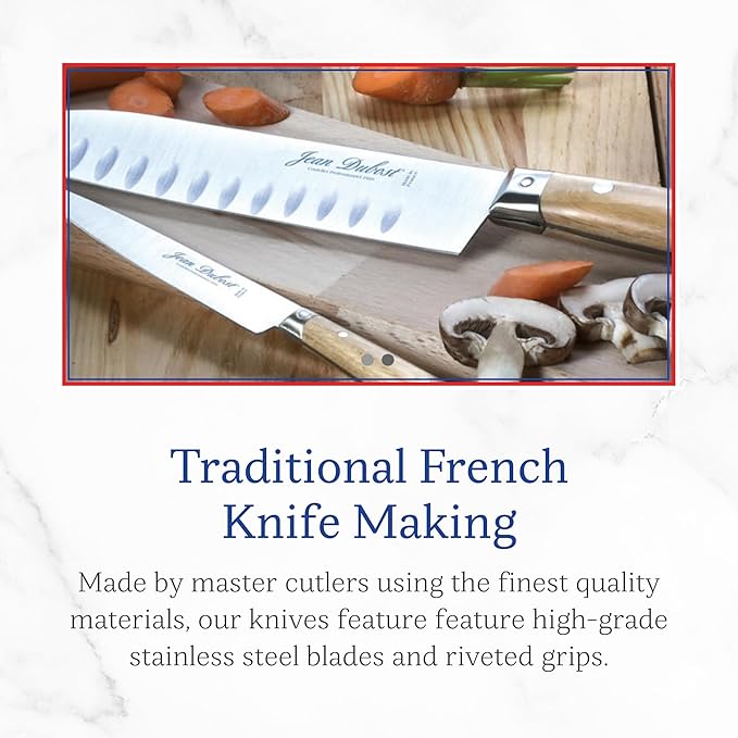 Jean Dubost 6 Steak Knives Linen Handles in a Wood Block