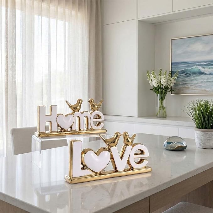 Love Sign Decor,Gold Room Decor Aesthetic, Knick Knack Shelf,Bird Decor, Boho Bookshelf,Abstract Statue,for Living Room,Bedroom, Contemporary Tv Stand Set of 2 (2, Gold White)