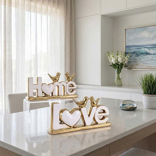 Love Sign Decor,Gold Room Decor Aesthetic, Knick Knack Shelf,Bird Decor, Boho Bookshelf,Abstract Statue,for Living Room,Bedroom, Contemporary Tv Stand Set of 2 (2, Gold White)