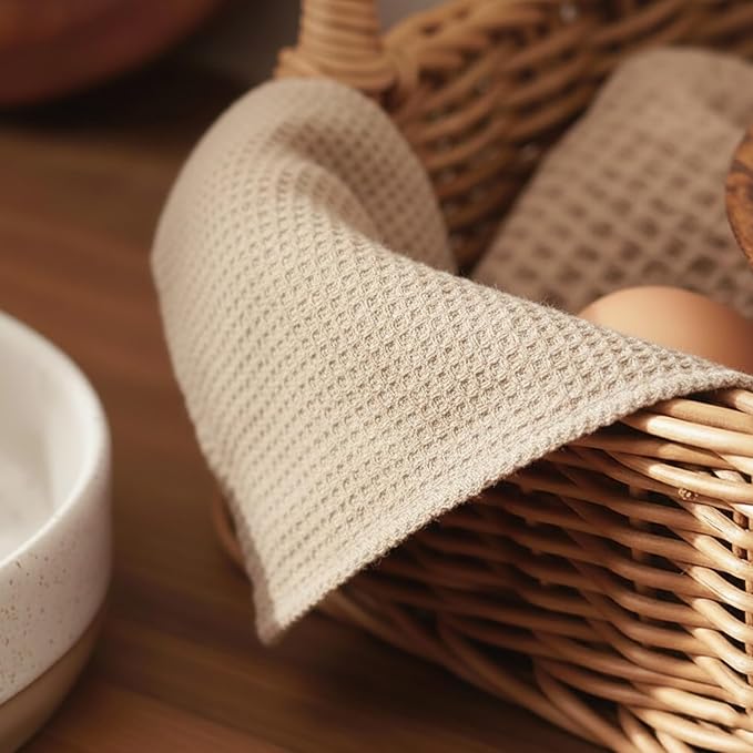 PurpleEssences Dish Cloths and Dish Rags - 8 Pack Waffle Weave Solid Kitchen Dish Wash Cloths, 100% Cotton, 12 x 12 Inches, Ultra Soft Absorbent Quick Drying - Christmas Holiday Winter - Beige