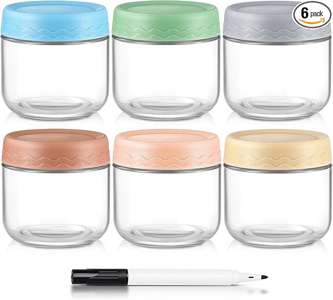 DRKIO 10 Oz Overnight Oats Containers with Lids - 6 Pack Glass Storage Jars with Airtight Lids Wide Mouth Mason Food Jars Great for Meal Prep Salad Chia Pudding Snacks Yogurt Sugar Spice Cereal