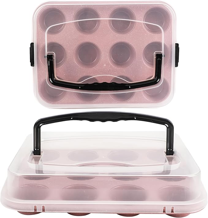 Spmarkt 2-Pack Pink Cupcake Pan with Lid, 12-Cup Nonstick Cupcake Baking Pan with Handle for Easy Baking and Travel – Perfect Cupcake Pan for Parties, Birthdays, and Gifting