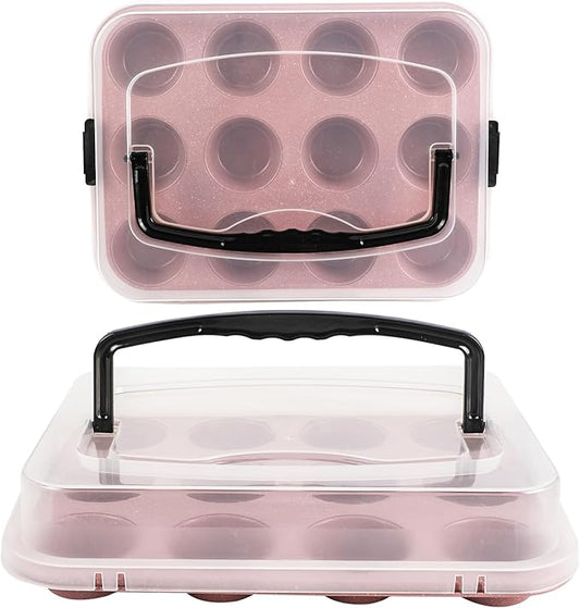 Spmarkt 2-Pack Pink Cupcake Pan with Lid, 12-Cup Nonstick Cupcake Baking Pan with Handle for Easy Baking and Travel – Perfect Cupcake Pan for Parties, Birthdays, and Gifting