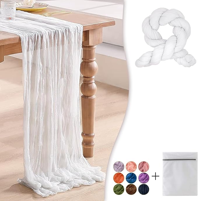 White Cheesecloth Table Runner 1 Pack 35" Boho Gauze 120 inches Long Runner Rustic Sheer Fabric Bulk for Baby Shower Wedding Bridal Birthday Party Picnic Table Decorations
