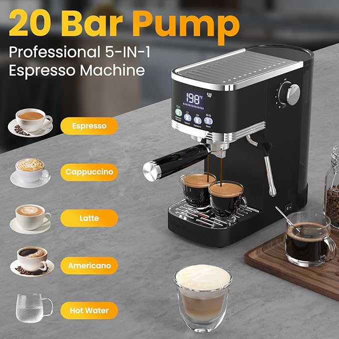Espresso Machine 20 Bar Temperature Time LED Display Espresso Maker with Adjustable Extraction Temperature Stainless Steel Coffee Machine with Powerful Steam Wand for Cappuccino Latte for Black