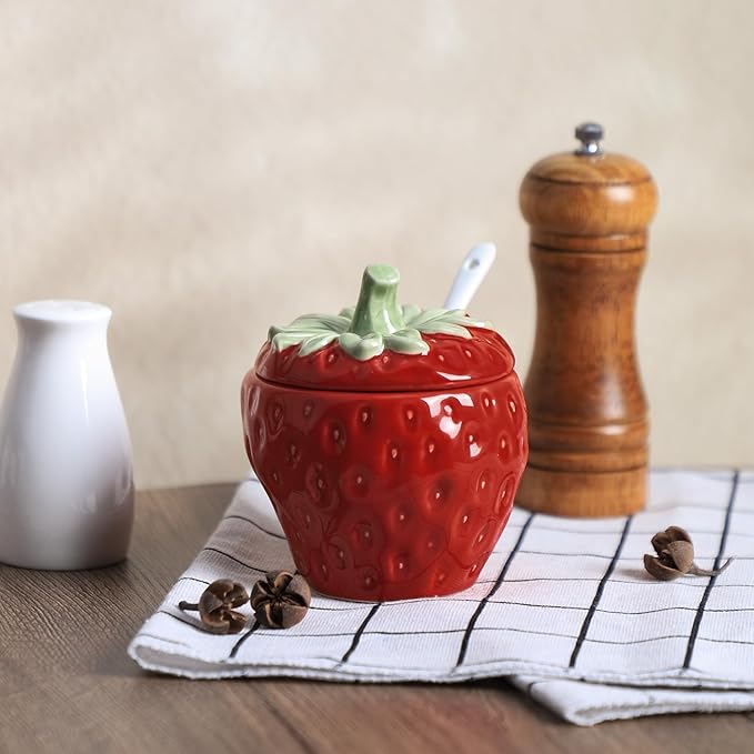 WAIT FLY Strawberry Ceramic Sugar Bowl with Lid, Sugar Container, Sugar Salt Pepper Storage Jar for Kitchen Countertop, Coffee Bar