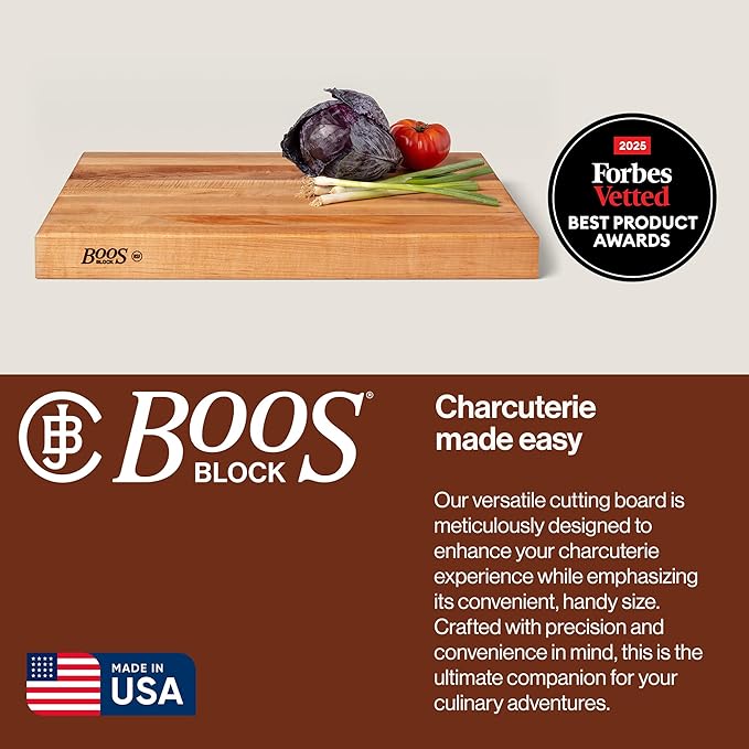 John Boos RA-Board Series Rectangular Wooden Maple Cutting Board 24”x18” – 2.25” Thick, 30-lb Reversible Butcher Block with Edge-Grain & Finger Grips – Made in the USA