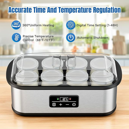 Yogurt Maker with Adjustable 48H Time & Temp Control, Digital Yogurt Maker Machine with 8×6oz Glass Jars, Make Healthy Yogurt for Family, Pecfcet Gifts for Friends