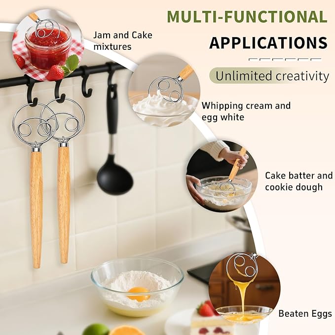 Hand Whisk Stainless Steel Dough Hook Dutch Whisk for Sourdough Bread Dough Mixer Hand Wooden Handle Kitchen Whisking Mixing Tool Bread Making Tools (two eyes)