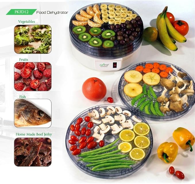 NutriChef Electric Countertop Food Dehydrator - Multi-Tier High-Heat Circulation Professional Food Preserver, Fruit, Vegetable Dryer, Meat or Beef Jerky Maker w/ 5 Stackable Trays - AZPKFD12