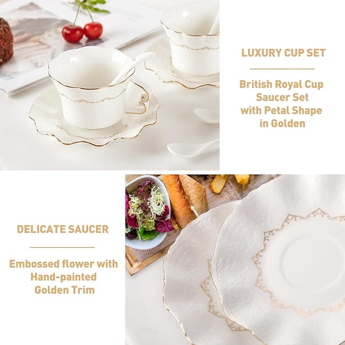 DUJUST Tea Cups and Saucers with Golden Trim,Set of 4 (7 OZ), Luxury Relief Printing Coffee Cups with Metal Stand, British Royal Porcelain Tea Party Set - White