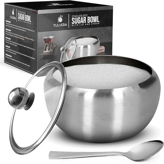 Sugar Bowl with Lid and Spoon | 12oz Sugar Container for Coffee Bar | Stainless Steel Holder Jar for Salt, Tea, Candy, Sugar Cube, Brown Sugar, Ghee | Kitchen Countertop Storage Accessories | 350ml
