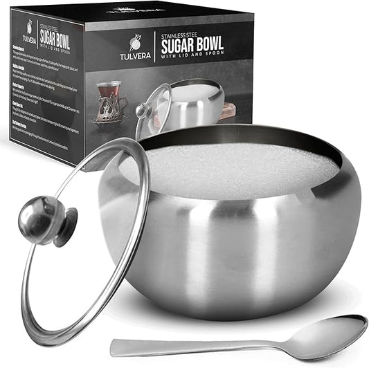 Sugar Bowl with Lid and Spoon | 12oz Sugar Container for Coffee Bar | Stainless Steel Holder Jar for Salt, Tea, Candy, Sugar Cube, Brown Sugar, Ghee | Kitchen Countertop Storage Accessories | 350ml