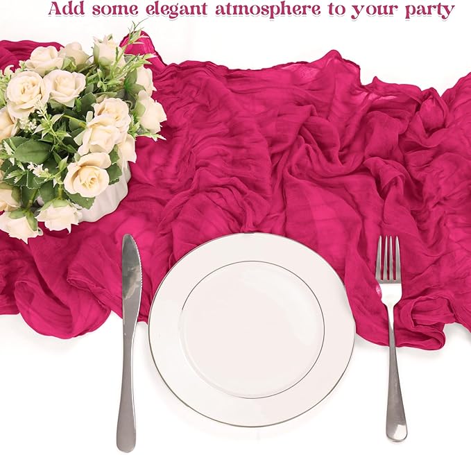 10 Pack Cheesecloth Table Runner 10FT Boho Gauze Rustic Fabric Table Runner Vintage Sheer Tablecloth for Wedding Party Bridal Baby Shower Decorations (Fushia)