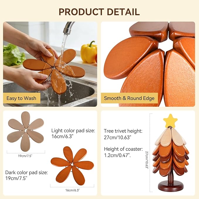 SENIG 5 PCS Tree Trivet Wooden Coasters for Hot Dishes, Wooden Tree-Shape Coaster Sets for Drink, Coffee Table, Kitchen Room Decor(Star)