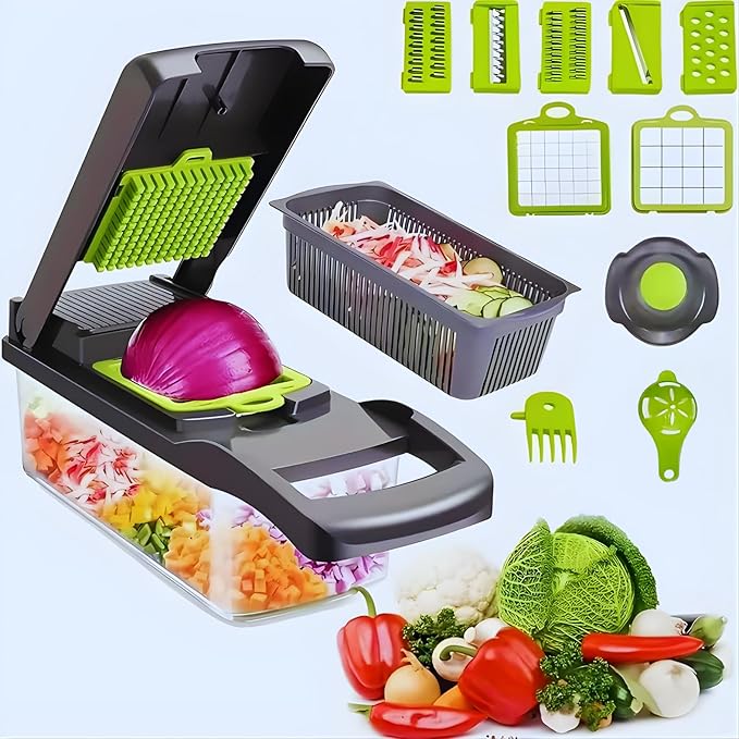 16-in-1 Vegetable Chopper Mandoline Slicer with Container, Food Processor, Food Chopper, Onion Chopper, Veggie Cutter for Salad, Potato Cutter, French Fry Cutter, Kitchen Gadgets & Accessories