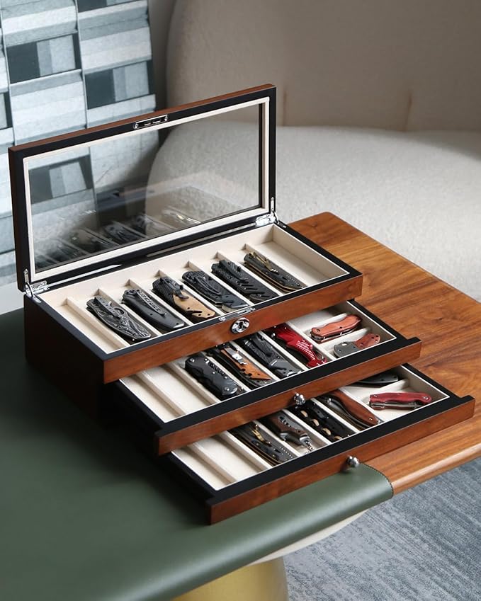 Bonaking Three-Tier Knife Display Case Box with Glass Window and Walnut Finish - Stores 22-26 Pocket Knives - Perfect for Men's Gift
