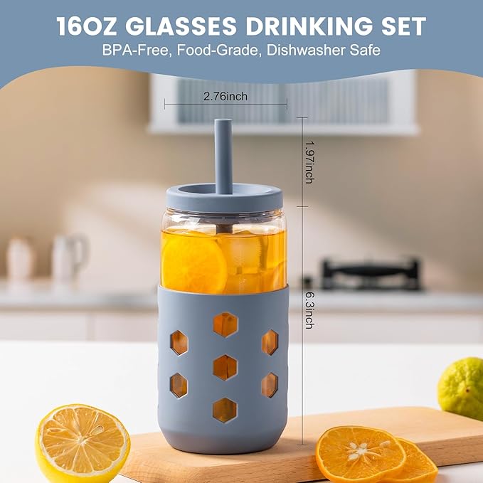 Glass Cups with Lids and Straws (4 Pack), 16oz Drinking Glasses Set with Silicone Sleeves for Coffee Bar Accessories Iced Coffee Cups with Lids, Glass Tumbler Reusable for Gifts
