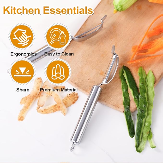 Stainless Steel Peeler with Swiveling Double Blade, Upgrade Fruit Vegetable Peeler with Ergonomic Handle, Lengthened Potato Peeler Tool for Kitchen, 8.3 Inchs 2PCS