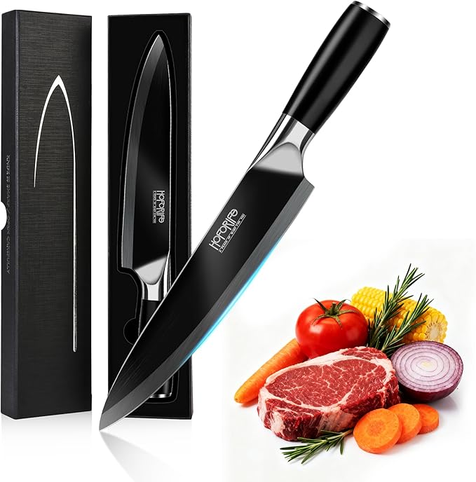 8" Chef's Knife, Japanese Hand Forged Chefs Knife High Carbon Steel Core with Black wooden Ergonomic Handle, Gift Box