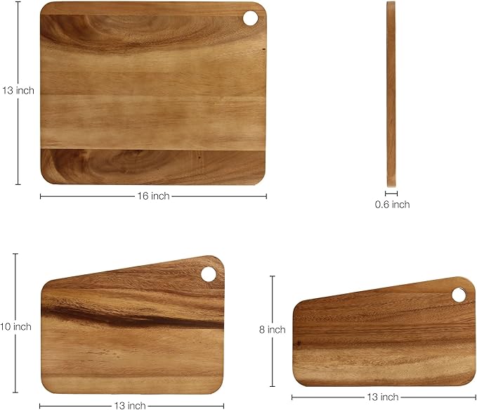 Sango Acacia Cutting Board Set with Slant Edge and Hanging Holes, 3-Piece - Wood Chopping Boards, Stackable & Reversible for Kitchen, Non-Toxic, Perfect as Butcher Block Countertop, Atelier