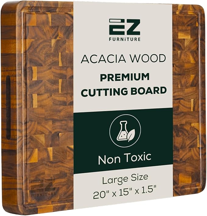 EZ FURNITURE Large (L) Acacia Wood Premium Cutting & Serving Board, End Grain with Juice Groove & Handles, Knife Friendly for Chopping, Non-Toxic (20" x 15" x 1.5", 11.46 lbs)
