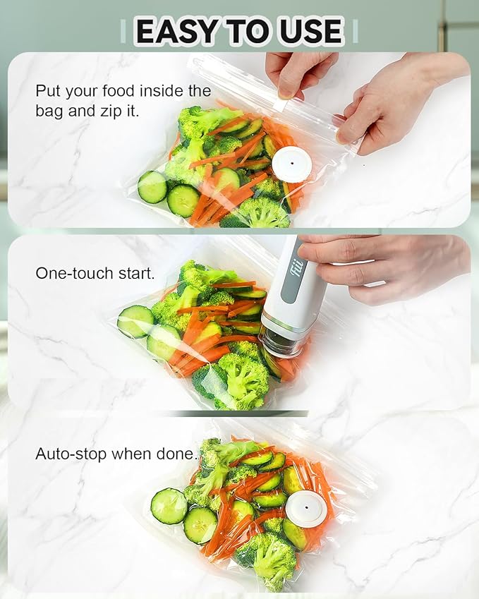 FIII Compact Handheld Vacuum Sealer for Food, 10X Preservation Food Sealer Machine with Reusable Vacuum Bags, Portable Wireless Vacuum Sealer for Sous Vide & Meal Prep, White