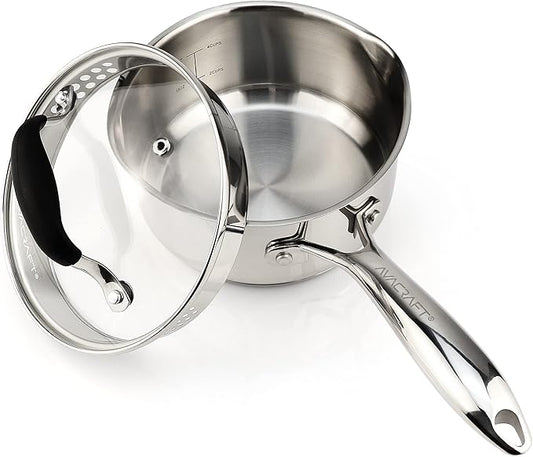 AVACRAFT Stainless Steel Saucepan with Glass Strainer Lid, Two Side Spouts for Easy Pour with Ergonomic Handle, Multipurpose Sauce Pot (5-Ply Capsule Bottom, 1.5 Quart)
