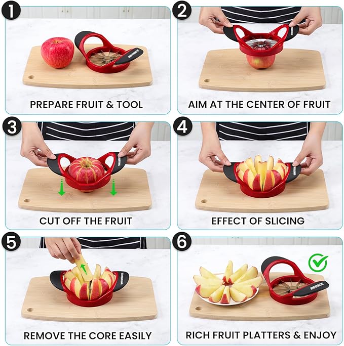 SCHVUBENR Large Apple Corer and Slicer - 4.72 Inch Apple Cutter Slicer with 12 Blades - Stainless Steel Apple Slicer - Sharp Apple Corer Tool - Anti-Slip Grip, Easy to Use & Dishwasher Safe - Red