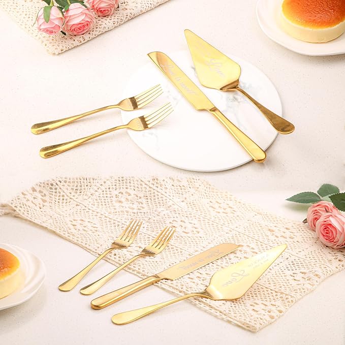 GURUDAR Wedding Cake Knife and Server Set with Forks for Bride and Groom, 4 Pieces Mr and Mrs Wedding Cake Cutting Set For Bridal Shower Gifts Couple Engagement Birthday Anniversary, Gold