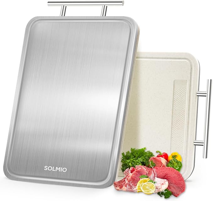 SOLMIO Stainless Steel Cutting Board for Kitchen, Double-Sided Chopping Board with Drip Groove, Food Grade Metal/Wheat Straw PP, Non Toxic Cutting Boards Scratch Resistant Dishwasher Safe