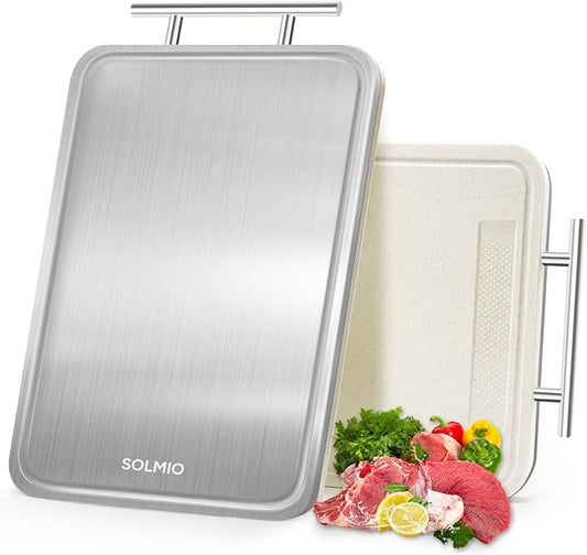 SOLMIO Stainless Steel Cutting Board for Kitchen, Double-Sided Chopping Board with Drip Groove, Food Grade Metal/Wheat Straw PP, Non Toxic Cutting Boards Scratch Resistant Dishwasher Safe