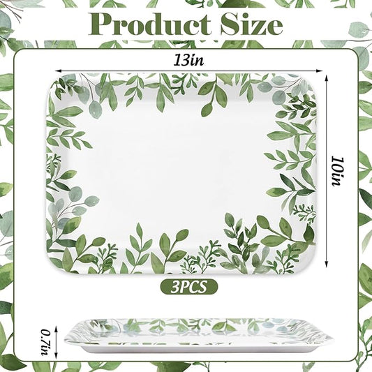Whaline 3Pcs Greenery Serving Trays Reusable Melamine Platters Green Leaves Serving Dishes for Spring Birthday Wedding Party Food Supplies, 10 x 13 Inch