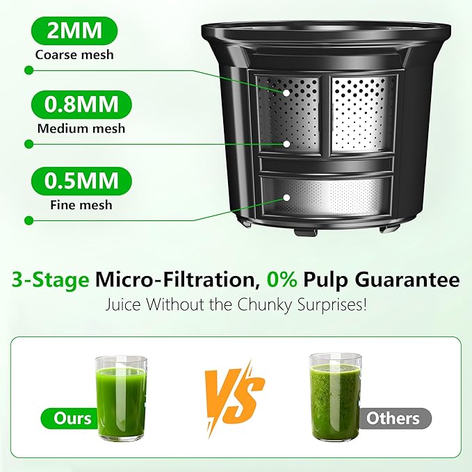 B12 Cold Press Juicer, 6" Extra Large Feed Chute Slow Masticating Juicer Machines, Powerful AC Brushless Motor, Self Precut System, Juicer Machines with BPA-Free, Extra one Replace juicer strainer