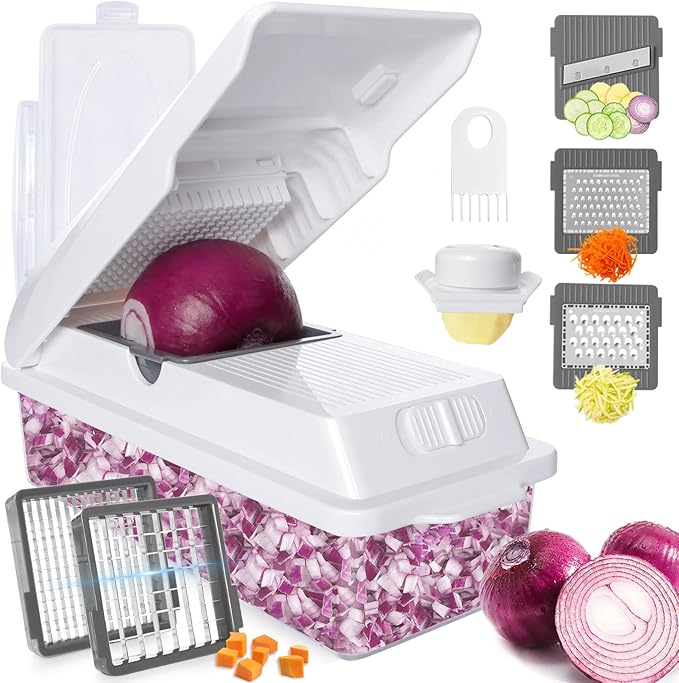 LHS Professional Multifunctional Vegetable Chopper Pro Food Chopper with Food Storage Containers, Mandoline Slicer Onion Dicer Fruit Cutter, Kitchen Gadgets and Home Essentials(7 in 1, White)