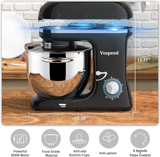 Stand Mixer 9 IN 1, 850W Tilt-Head Multifunctional Electric Mixer with 8 QT Stainless Steel Bowl, 1.5L Glass Jar, Meat Grinder, Hook, Whisk, Beater Dishwasher Safe (Black)
