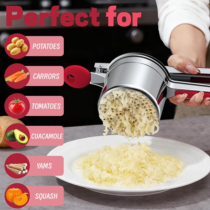 Large 15oz Potato Ricer for Mashed Potatoes, Heavy Duty 18/8 Stainless Steel Potato Masher for Baby Food & Spaetzle Maker, Masher and Ricer Kitchen Tool, Press and Mash Kitchen Gadget, Red