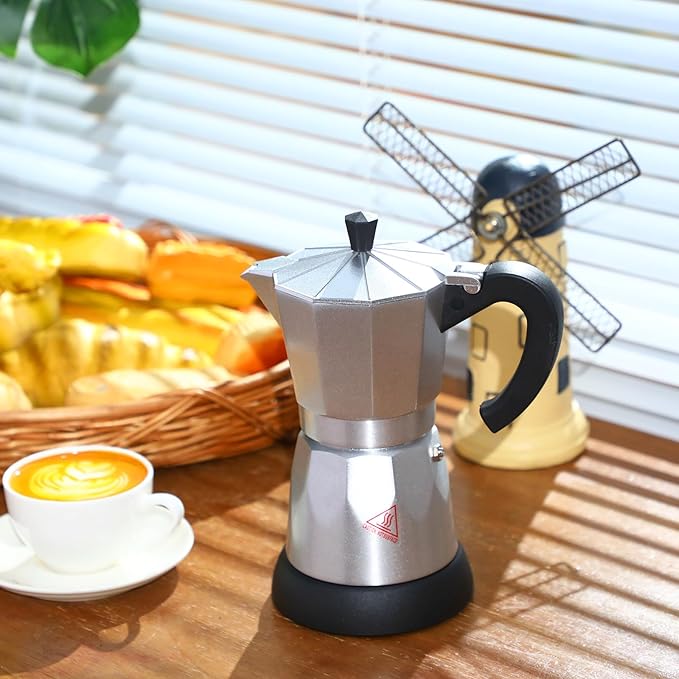 Lemosae Coffee Pot 6 Cup Electric Espresso Coffee Maker Italian Moka Maker 300ml Portable Aluminum Espresso Machine Cafetera Moka Pot with Detachable Base, Gift for Home Travel(Aluminum Color)