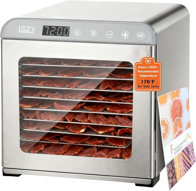 Food Dehydrator, Large 12'' 10 Trays Stainless Steel Meat Dehydrator for Jerky, 800W Herb Dryer 72H Timer & Temp Control for Fruit Snacks Yogurt Dog Treats ETL Approved (White)