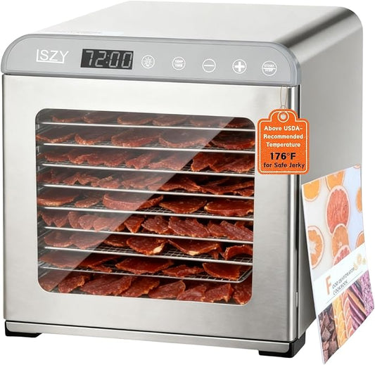 Food Dehydrator, Large 12'' 10 Trays Stainless Steel Meat Dehydrator for Jerky, 800W Herb Dryer 72H Timer & Temp Control for Fruit Snacks Yogurt Dog Treats ETL Approved (White)