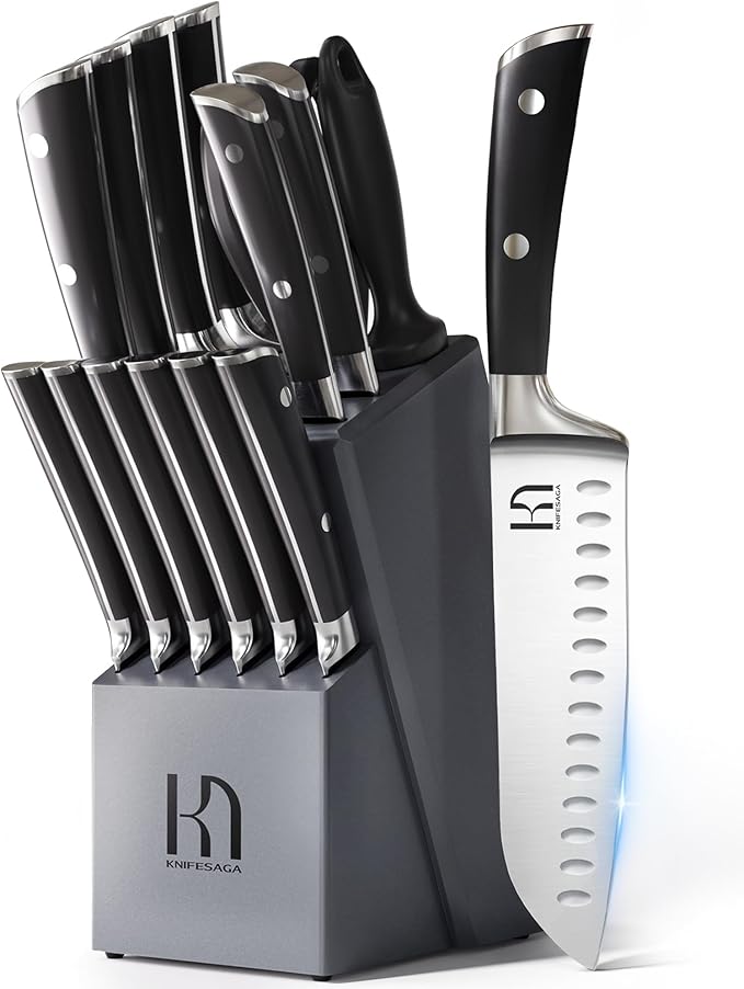 Premium Knife Set 15 Pcs Quality Kitchen Knife Set with Block, Japanese High Carbon Stainless Steel Razor Sharp Knife Block Set, Acacia Wood Block Knife Set with Ergonomic Full-tang Handle