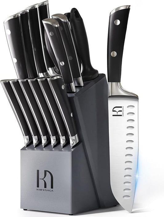 Premium Knife Set 15 Pcs Quality Kitchen Knife Set with Block, Japanese High Carbon Stainless Steel Razor Sharp Knife Block Set, Acacia Wood Block Knife Set with Ergonomic Full-tang Handle