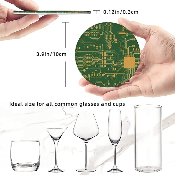 Green Circuit Board Leather Drink Coasters Set of 6 with Holder Round Cup Coaster for Table Decor